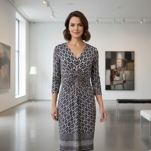 Donna Morgan Sheath‎ Dress Womens Sz 6 Geometric 3/4 Slv Career Stretch Back Zip